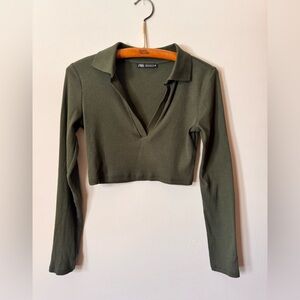 Zara Olive Green Long Sleeve Collared Crop Top